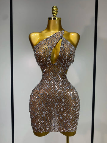 Women Sexy Mesh See Through One Shoulder Luxury Rhinestones Stage Costume Singer Dancer Nightclub Evening Party Birthday Dresses