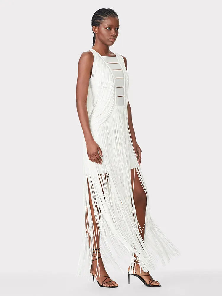 2025 Sexy Women's Wear Heavy Industry Tassel Bandage Dress O-Neck Sleeveless Slim Fit Long Dress Cocktail Evening Party Vestidos