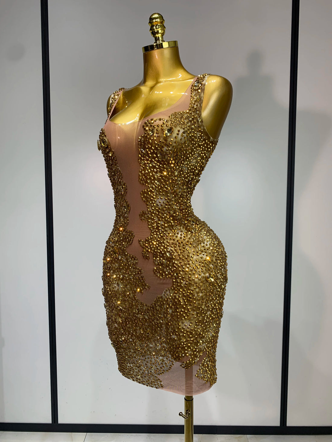 Women Sexy Stage Perform Outfit Club Gown Shining Gold Rhinestones Elegant Mesh Dress Birthday Evening Party Photoshoot Costume