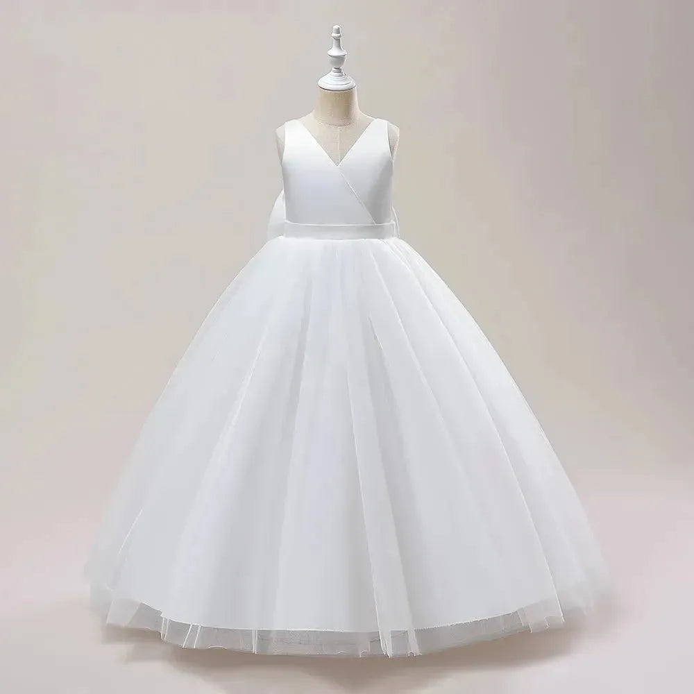 Girl Long White Bridesmaid Dresses For Wedding Prom Gown Big Bow Girls Party Dress Kids First Communiom Formal Evening Vestidos