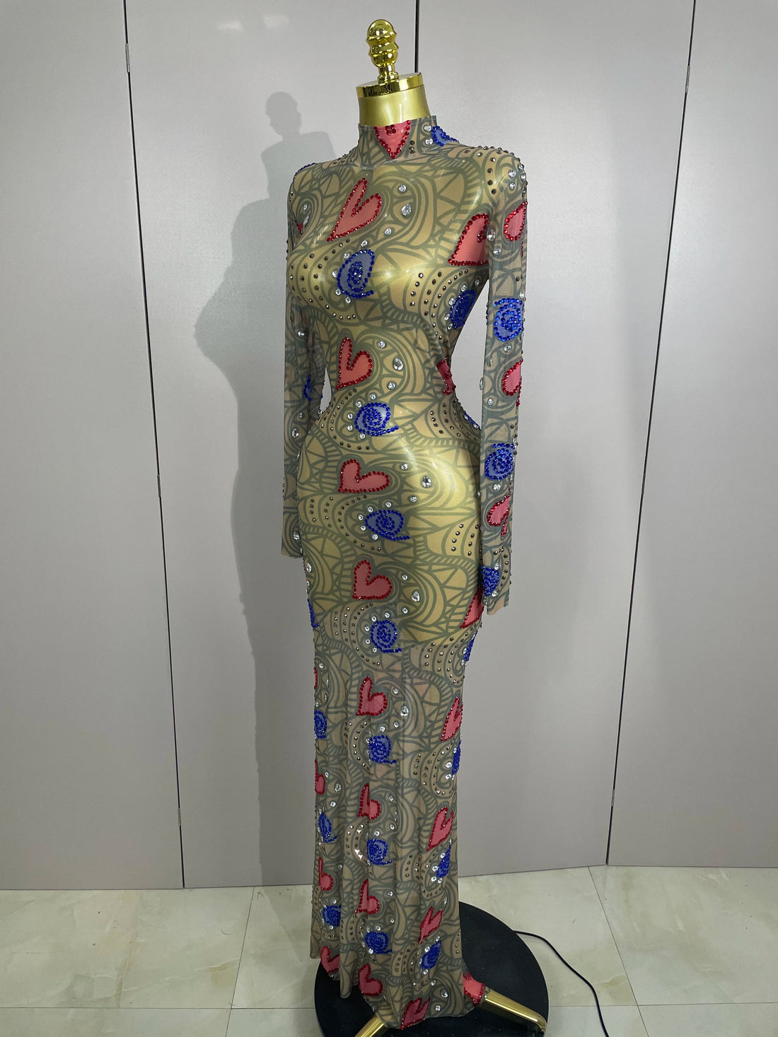 2025 New Sparkly Diamond High Neck Sexy Mesh Wrap Hip Long Dress Host Annual Meeting Party Nightclub Bar Performance Costume