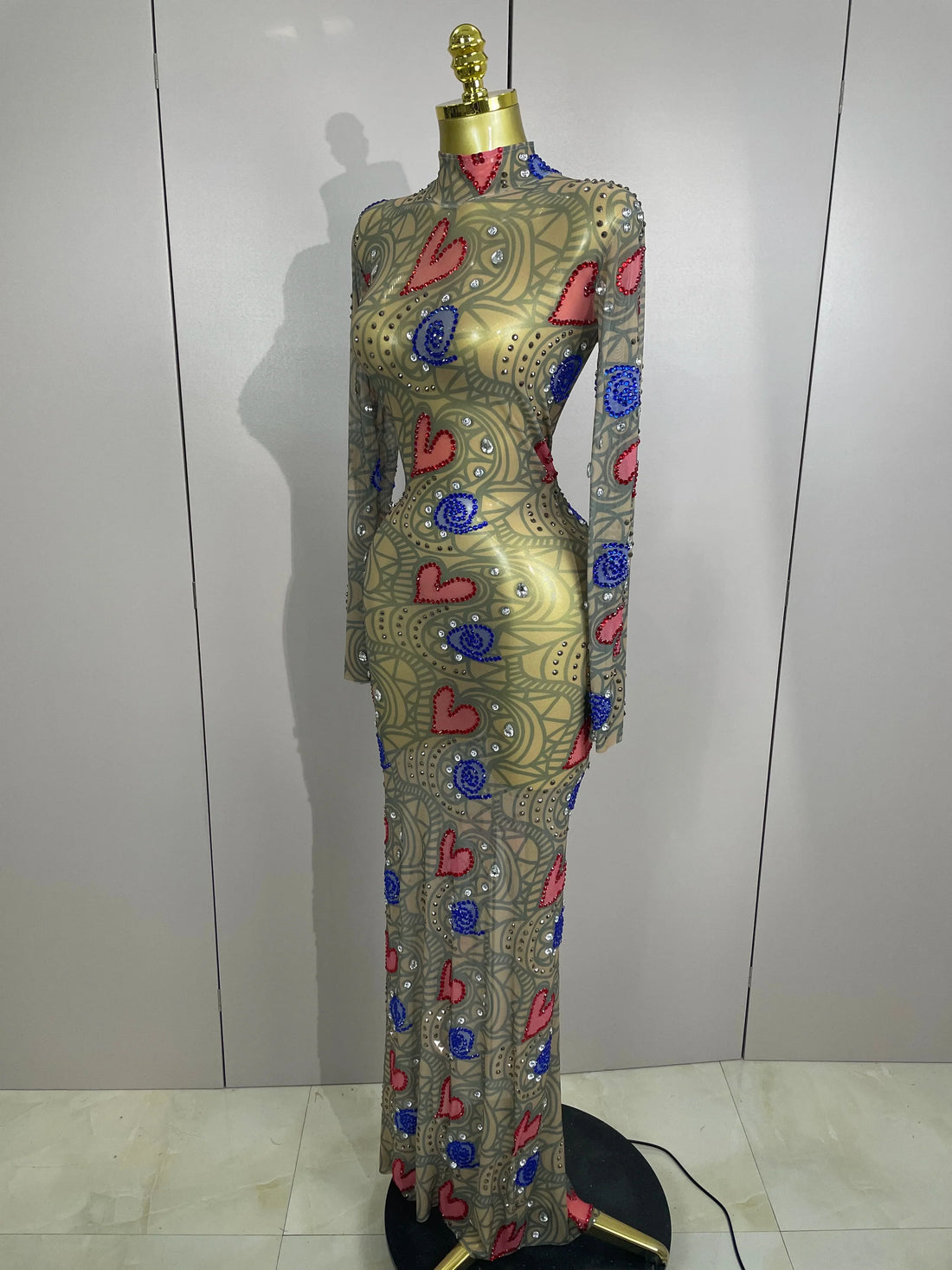 New Sparkly Diamond High Neck Sexy Mesh Wrap Hip Long Dress Host Annual Meeting Party Nightclub Bar Performance Costume