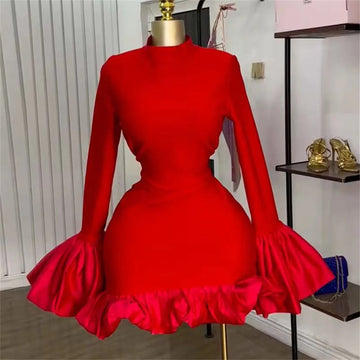 Black Blue Women Long Sleeve Sexy Ruffles Bodycon Mini Bandage Dress Nightclub Party Celebrate Birthday Fashion Outfit Vestido
