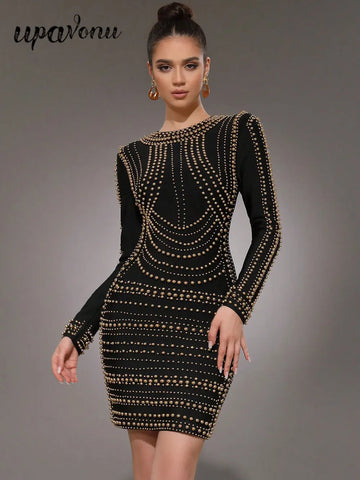 2025 Elegant Women's Light Luxury Rivet Design Bandage Dress O-neck Long Sleeve Bodycon Black Mini Dress Evening Party Vestidos