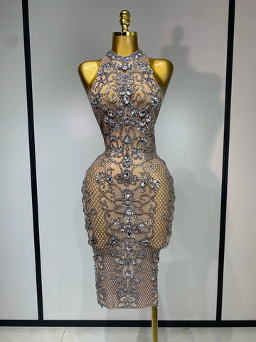 Women Sexy Backless Mesh Crystal Diamonds Performance Costume Stage Dancer See Through Stretchy Nightclub Evenig Party Dresses