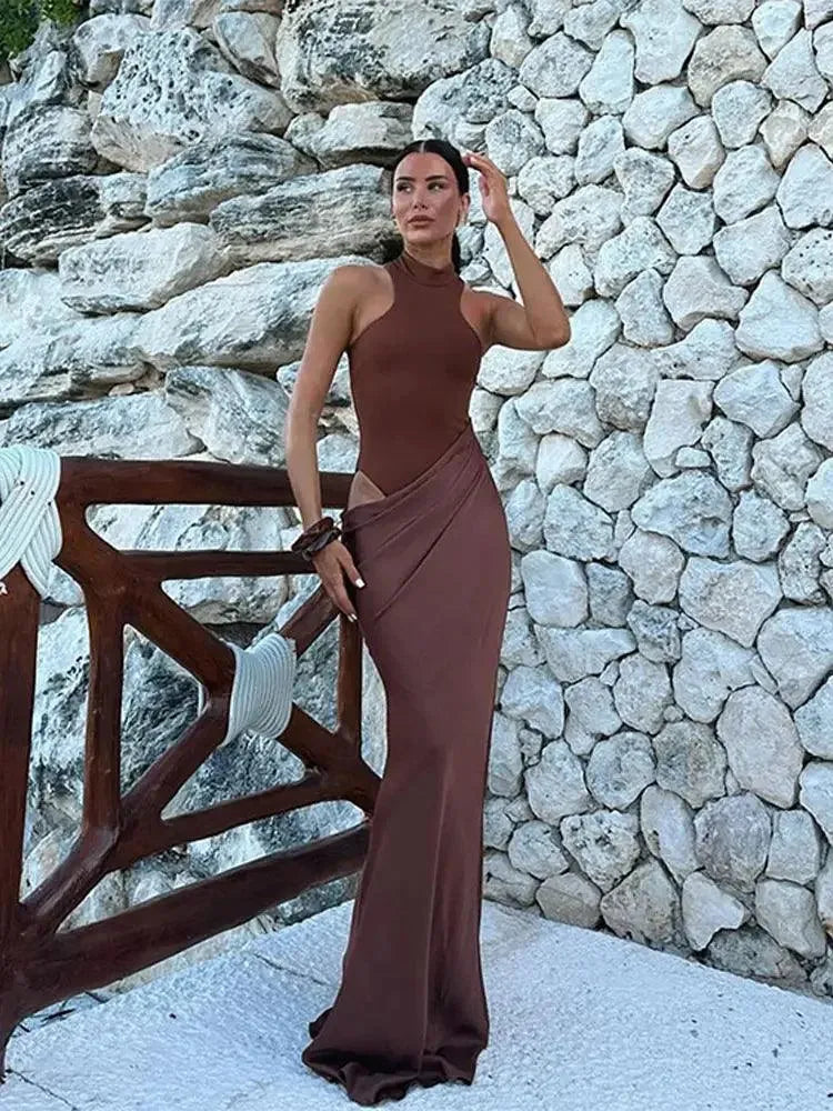 Women Elegant Patchwork Sleeveless Maxi Dress Fashion Stand Collar Waist Hollow Out Bodycon Dresses Lady Party Evening Robe Chocolate