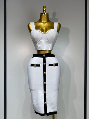 Women Button Patchwork White Black Bodycon Bandage Two Piece Set 2025 Designer High Waist Party Club Skirt Set