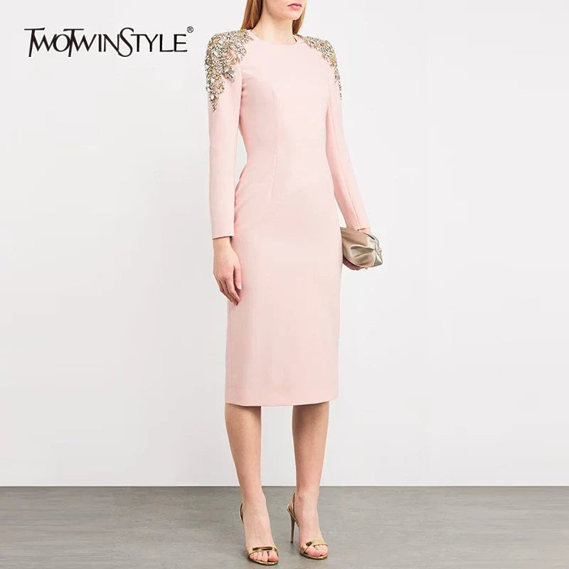 Solid Slimming Elegant Dresses for Women Round Neck Long Sleeves Patchwork Bead Temperament Dress Female Clothing