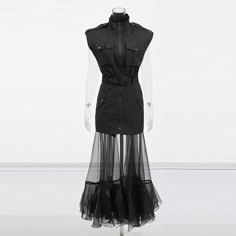 Solid Sheer Spliced Mesh Folds Dress for Women Round Neck Sleeveless Patchwork Zipper elegant Dress Female Fashion