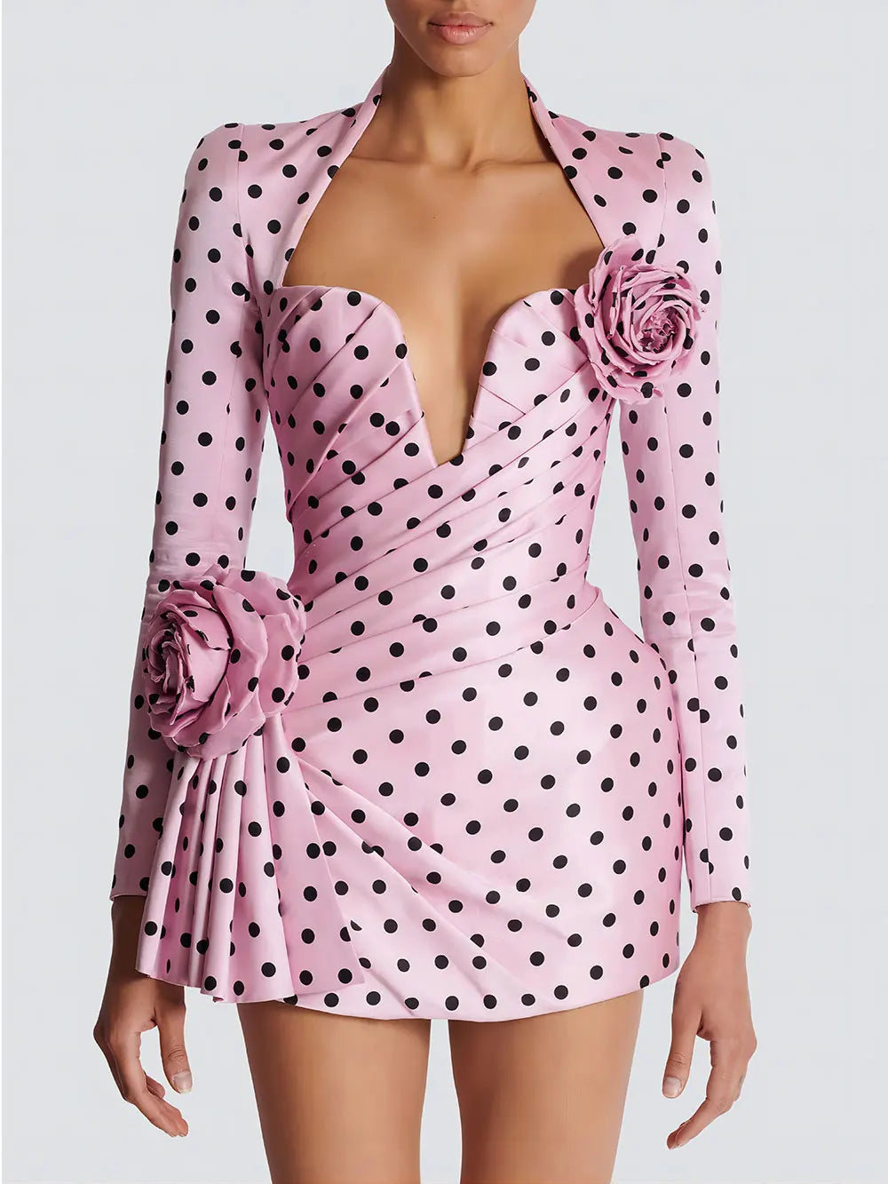 2025 Sexy Women'S Three-Dimensional Flower Patchwork Polka Dot Dress V-Neck Long Sleeved Draped Bodycon Pink Mini Dress Vestidos