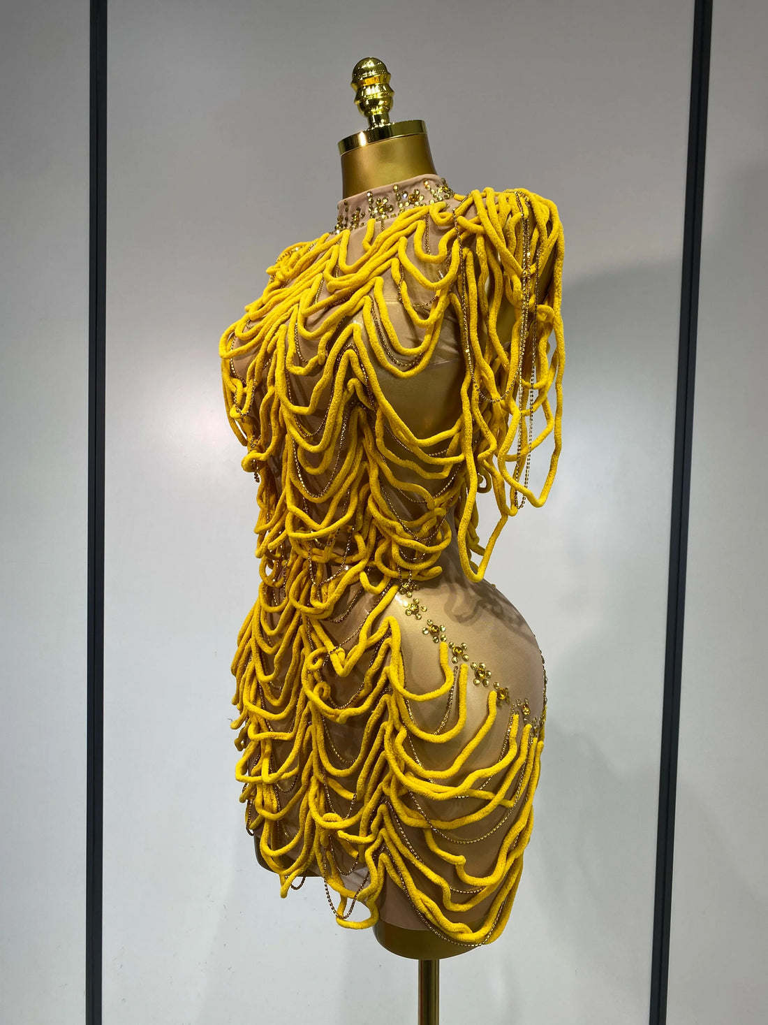 Women Sexy Mesh See Through Designer Rhinestones Chain Stage Performance Costume Nightclub Celebrate Party Luxury Birthday Dress