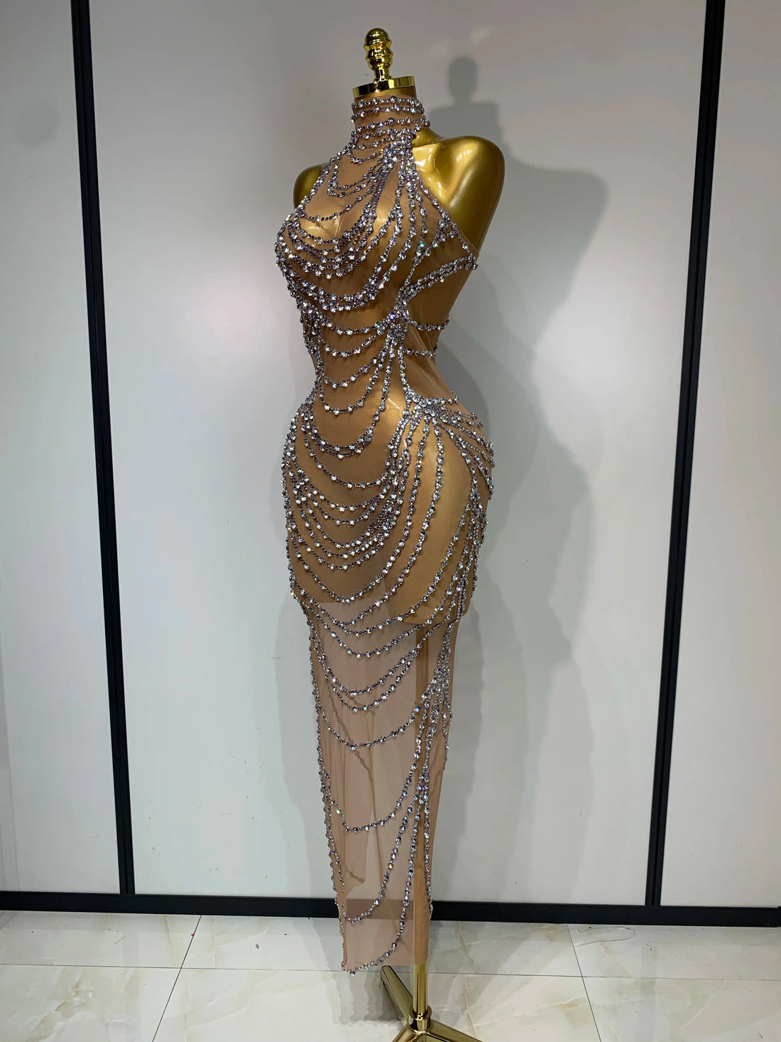 Luxury Rhinestone Sparkly Sexy Transparent Mesh Long Dress 2025 Women Birthday Party Gown Stage Singer Performance Costume