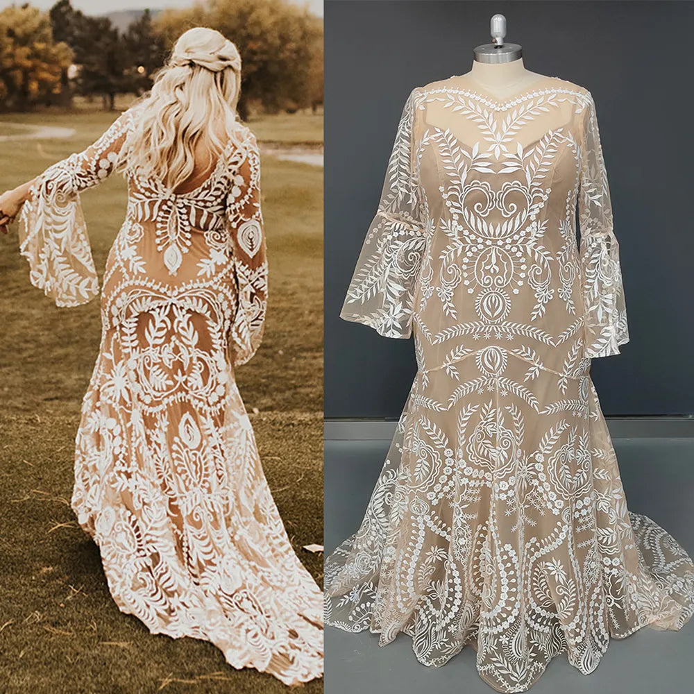 Long Batwing Sleeves Lace Two Pieces Wedding Gowns Drop Ship Plus Size Custom Made Mermaid Rustic Open Back Boho Bridal Dress