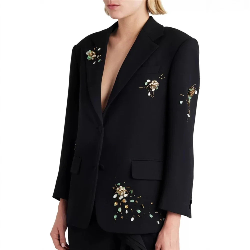 Spliced Bead Two Piece Sets for Women Lapel Long Sleeve Patchwork Single Breasted Top High Waist Skirt Set Female