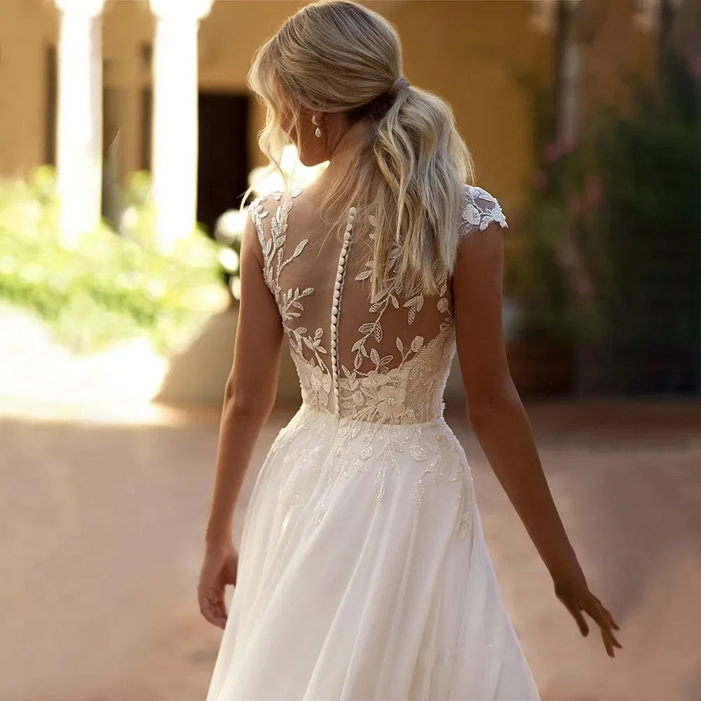 Elegant Boho Lace Wedding Dress 2024 Chiffon O-Neck Illusion Back Beach Side Split Applique Bridal Party Gown Vestidos De Novia