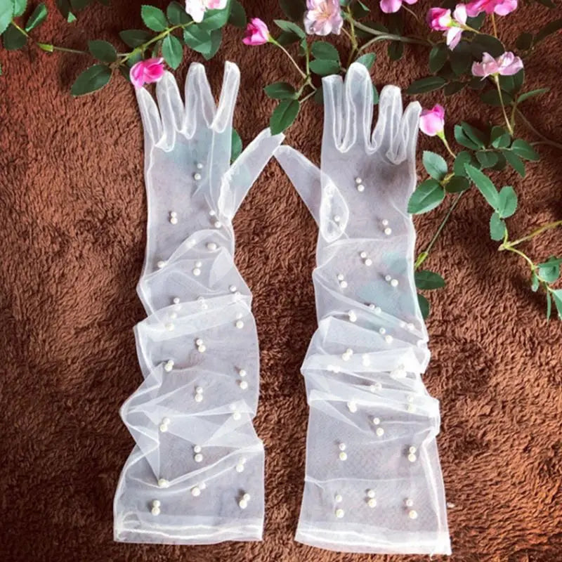Bride Wedding Dress Accessories Long Gauze Artificial Pearl  White white gloves elegant luva pra casamento brauthandschuhe