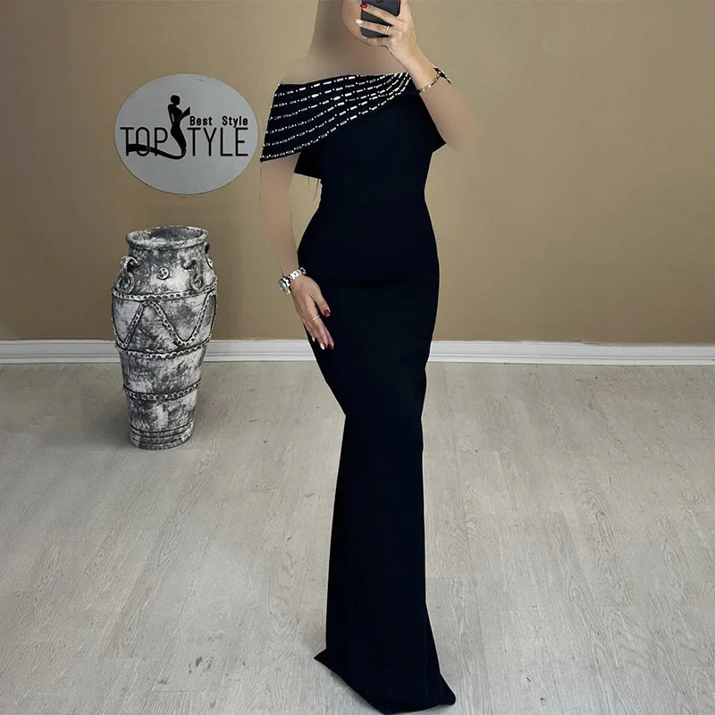 Black Color Women Sexy Slash Neck Shinning Crystal Bodycon Long Bandage Dress Elegant Evening Party Cocktail Red Carpet Dress