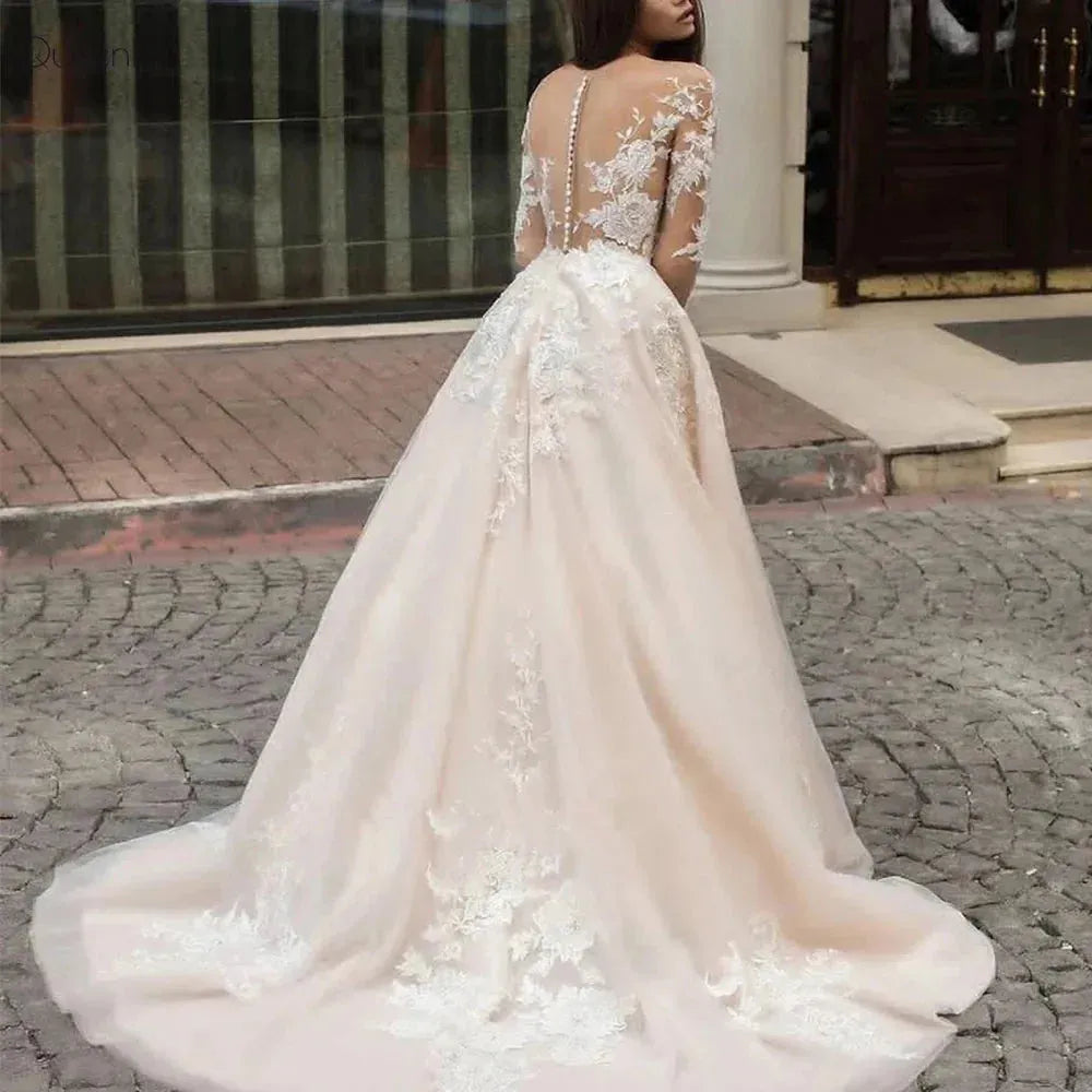 Exquisite Wedding Dresses For Women A-Line Luxury Bridal Gowns Lace Appliques Long Sleeves O-Neck Vintage Vestidos De Novia As pics