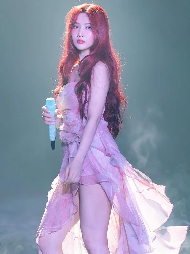 VC Floral-Print Ruffled Long Dress Pink Color Cowl Neck Spaghetti Straps Pleated Hem Strapless Maxi Cocktail Party Evening Gowns