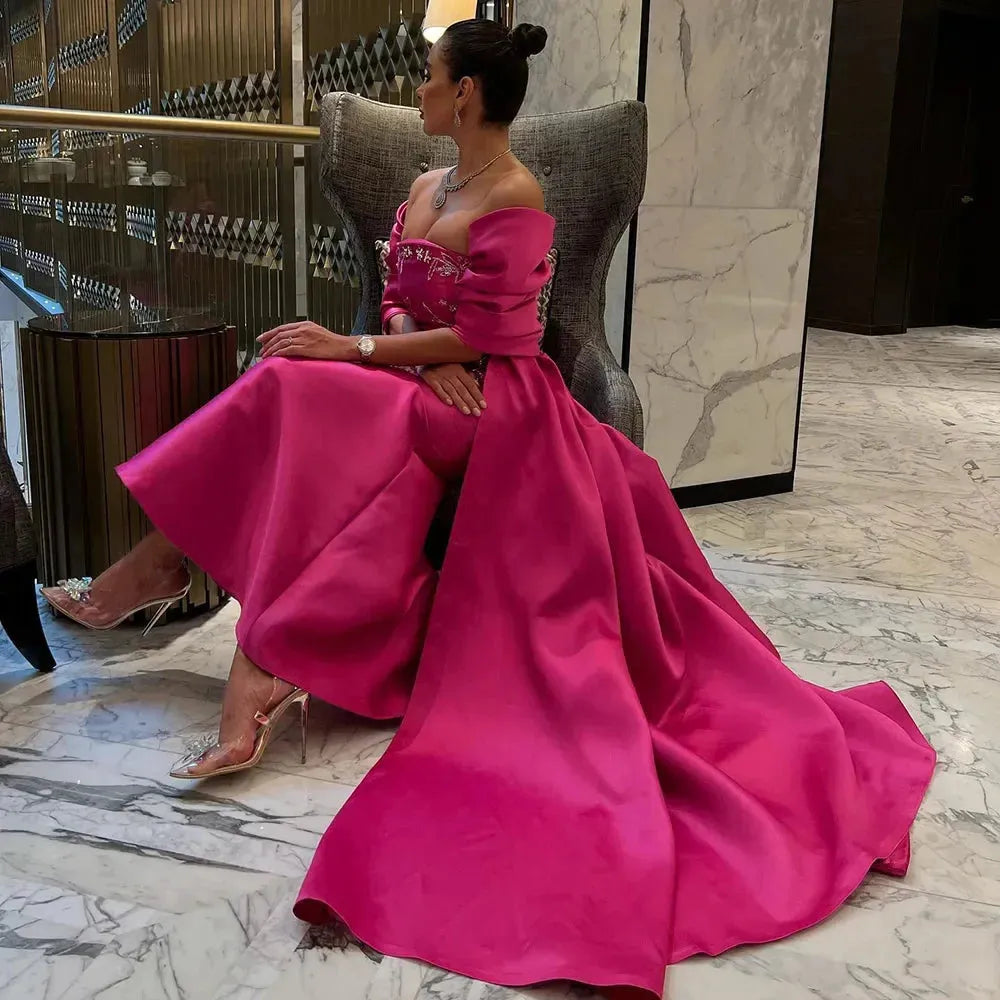 Fuchsia Mermaid Dubai Luxury Evening Dresses with Cape Shawl Arabic Women Long Wedding Party Guest Gowns Evening Dress