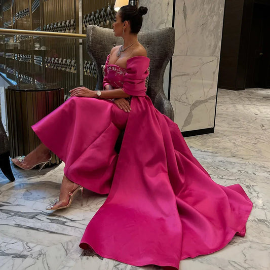 Vestidos de noche de lujo de Dubái con sirena fucsia y chal tipo capa para mujer árabe, vestidos largos para invitados a fiestas de bodas 