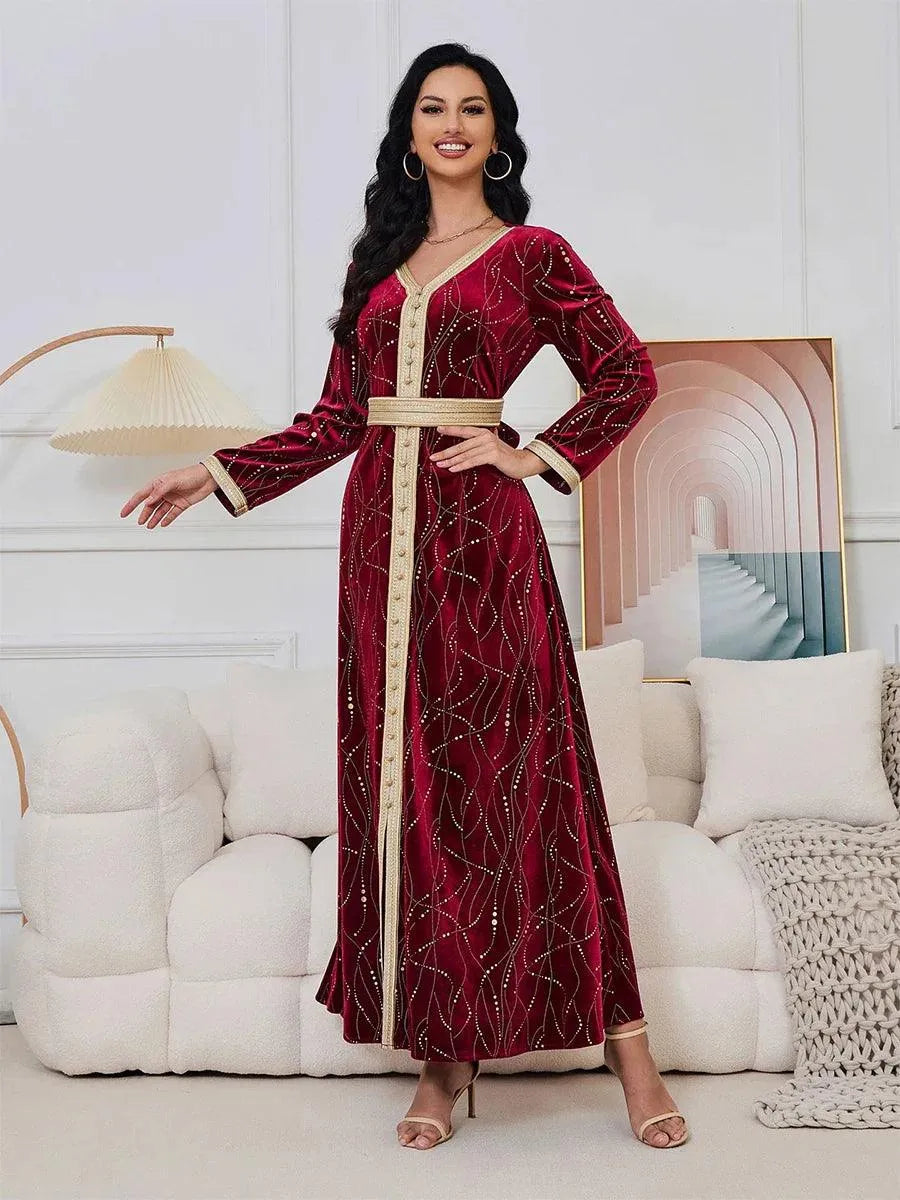 Velvet Autumn Winter Gold Stamping Fashion Red Evening Gown Elegant Long Sleeve V-Neck Abaya With Sashes Muslim Women Red Dress
