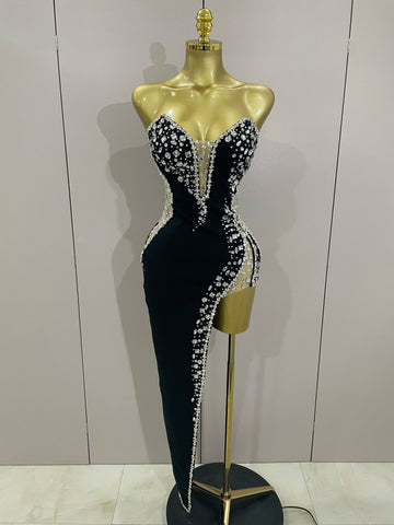 Newest Sexy Strapless Shinning Rhinestones Bodycon Bandage Long Dress Women Fashion Celebrate Evening Party Vestido