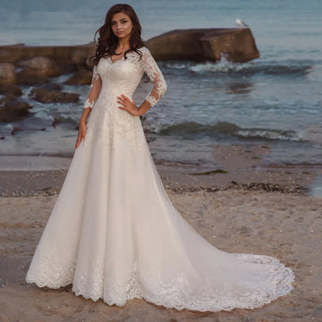 Long Wedding Dress Eleagnt Long Sleeves V Neck Lace Appliques A Line Tulle Sweep Train Bridal For Women Robe De Mariee Summer