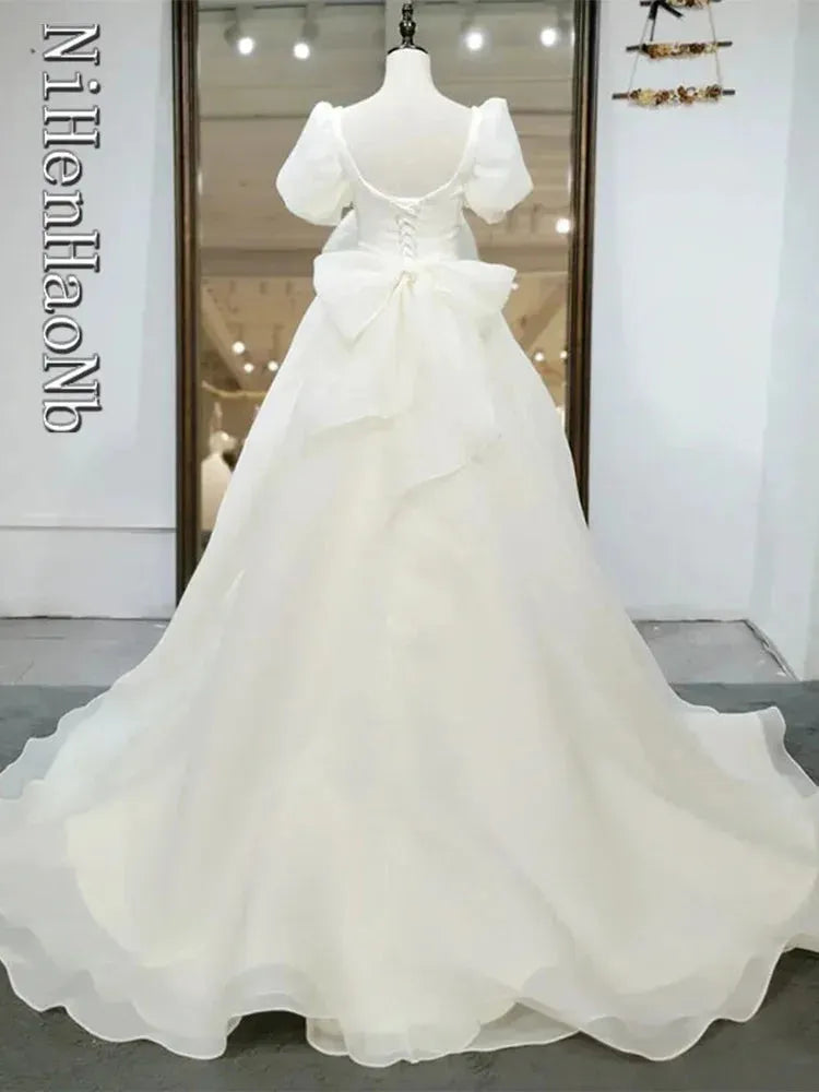 Korea Style Square Neck A-Line Puffy Sleeves Lace-Up Wedding Dress Gown Bridal Dress