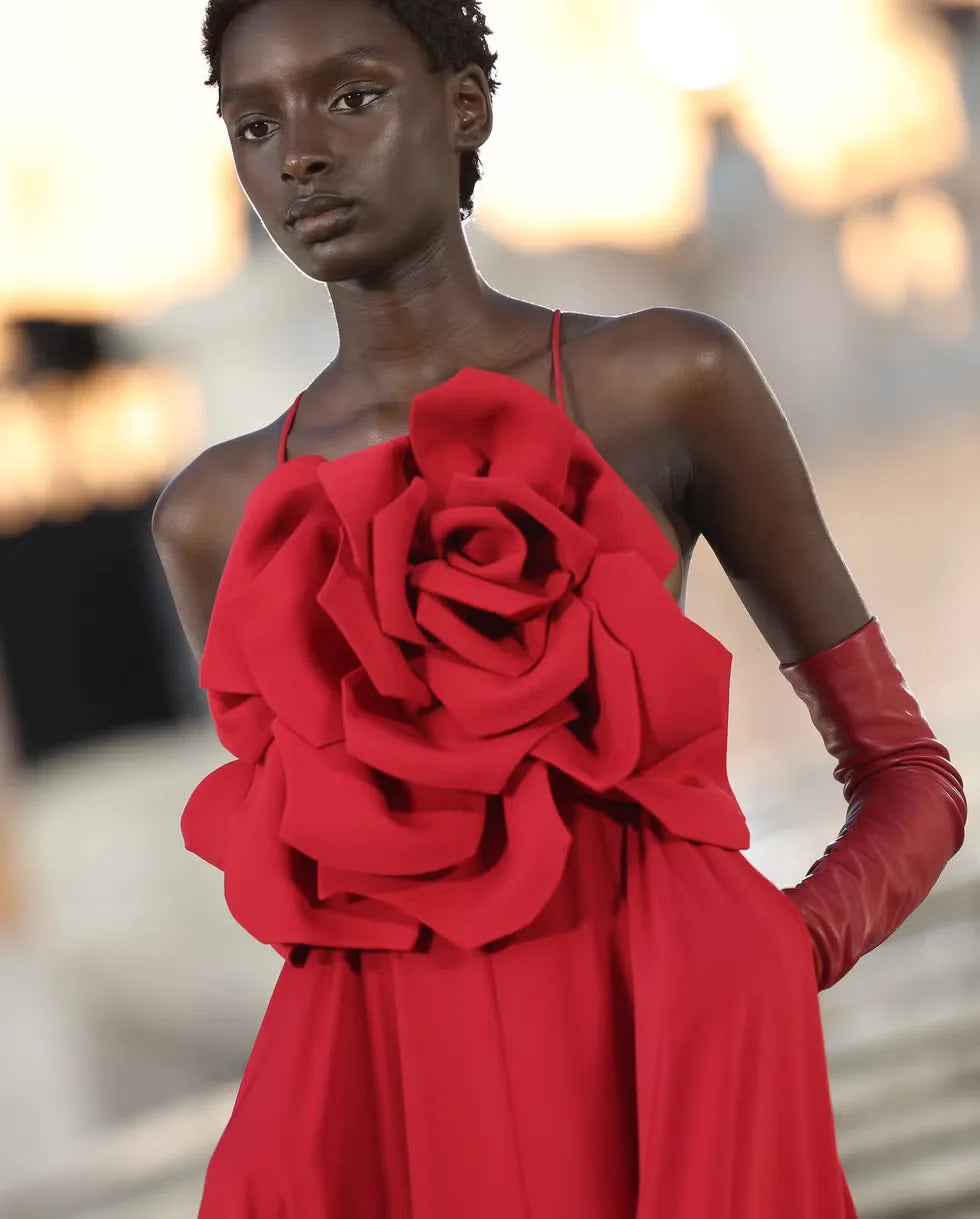 Red Color Women Sexy Strap Sleeveless Florals Loose Floor-Length Dress Celebrate Evening Party Wedding Mermaid Dress