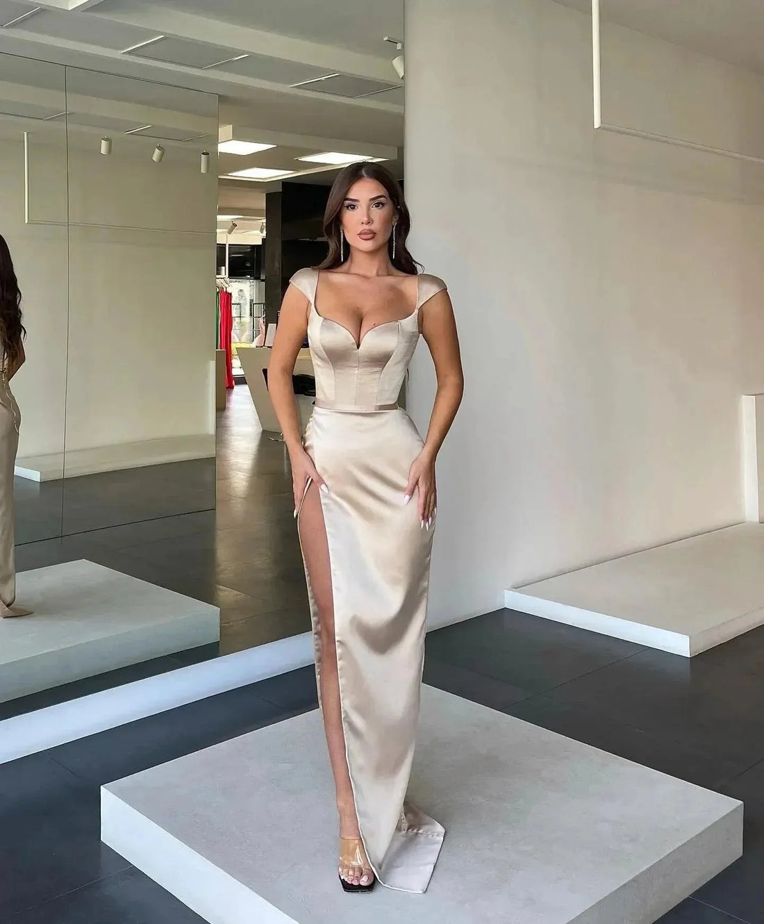 Fashion luxury Sexy Sweetheart Side slit Evening Dresses Pleats Split Formal Red Carpet Long Special Occasion Party dress Champagne 14W