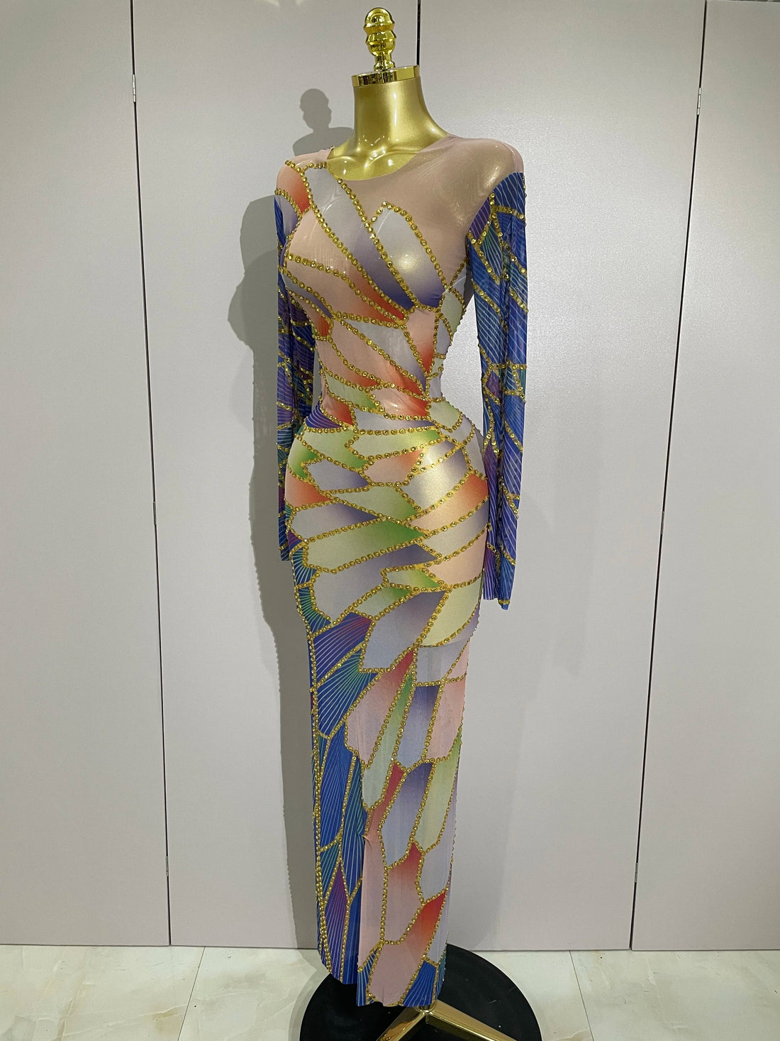 New Luxury Sparkly Rhinestone Stretchy Mesh See Through Long Dress Women Birthday Party Performance Nightclub Stage Costume