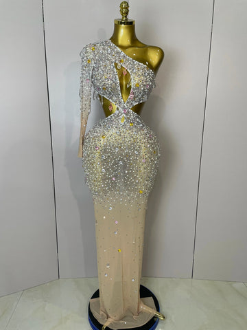 Women Sexy One Shoulder Hollow Out Big Crystal Bodycon Long Dress Celebrate Nightclub Party Bar Singer Birthday Dress
