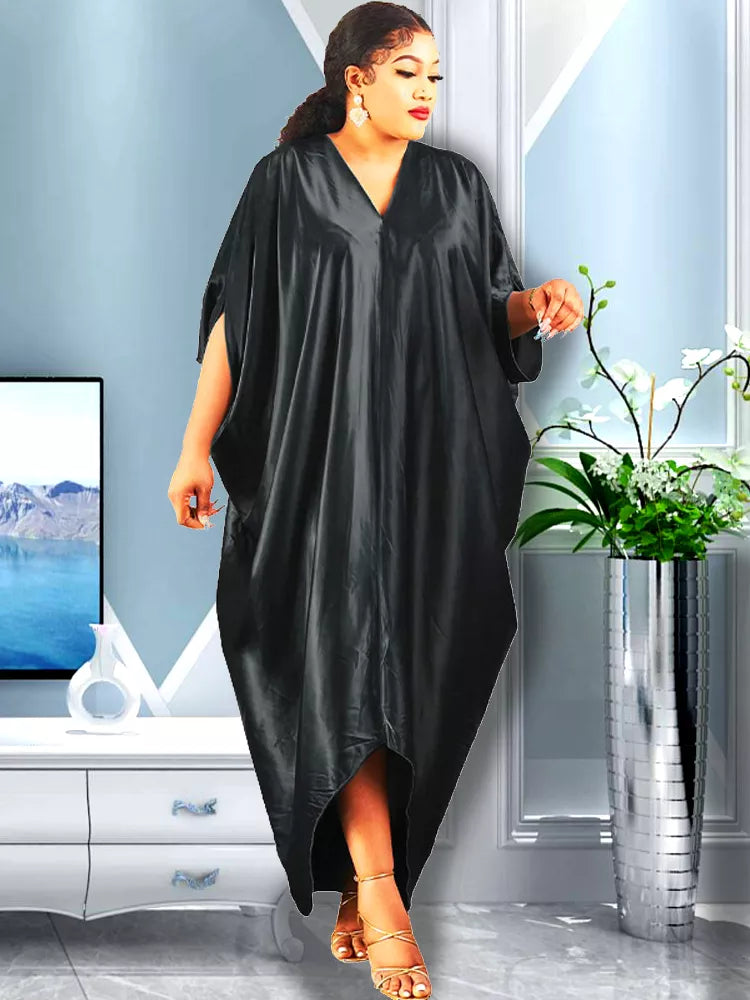 New Muslim Dresses For Women 2022 Stitching Color African Maxi Robe V-neck Print Short Sleeve Novelty Dress Kanga Clothing Bouou DR-802-1 One Size