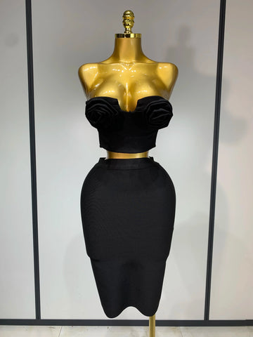 2025 Women 3D Flower Black Bodycon Bandage Two Piece Set Designer High Waist Evening Party Club Birthday Skirt Set