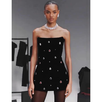 2025 New Shining Colorful Diamonds Strapless Black Bandage Mini Dress Fashion Woman Party Vestido Celebrity Birthday Outfit