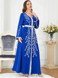 Leaf Embroidered Moroccan Oriental Dress Evening Party Kaftan for Women Belted Arabic Gown Islamic Caftan Muslim Abaya Ramadan