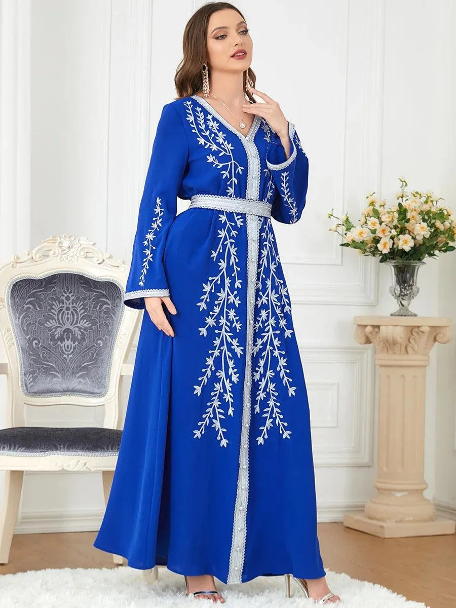 Leaf Embroidered Moroccan Oriental Dress Evening Party Kaftan for Women Belted Arabic Gown Islamic Caftan Muslim Abaya Ramadan