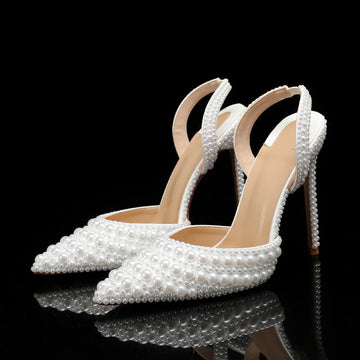 Escarpins de mariage pour femmes entièrement ornés de perles faits main, bout pointu élégant, slingbacks à talons hauts, chaussures d'été, soirée et cérémonie