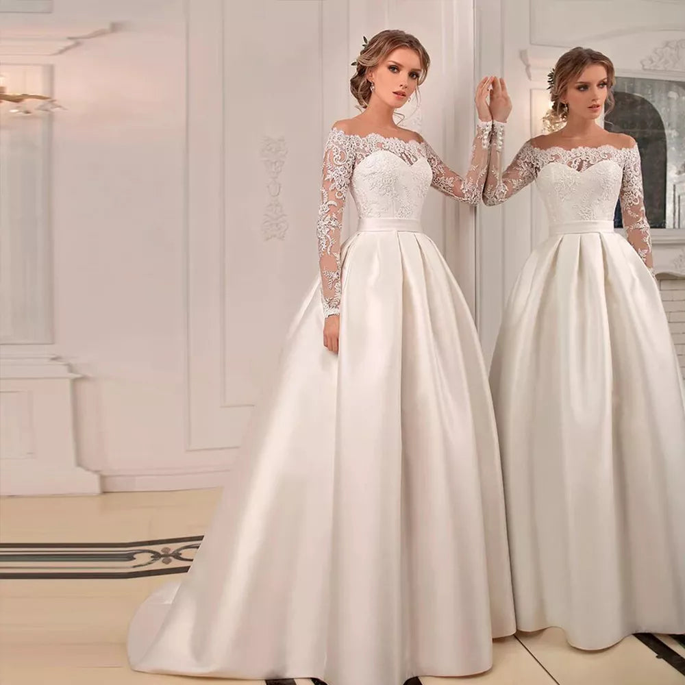 Abiti da sposa classici con maniche full maniche con cerniera con cerniera Applique abiti da sposa illusione trainnea di raso a-line vestidos de nolia