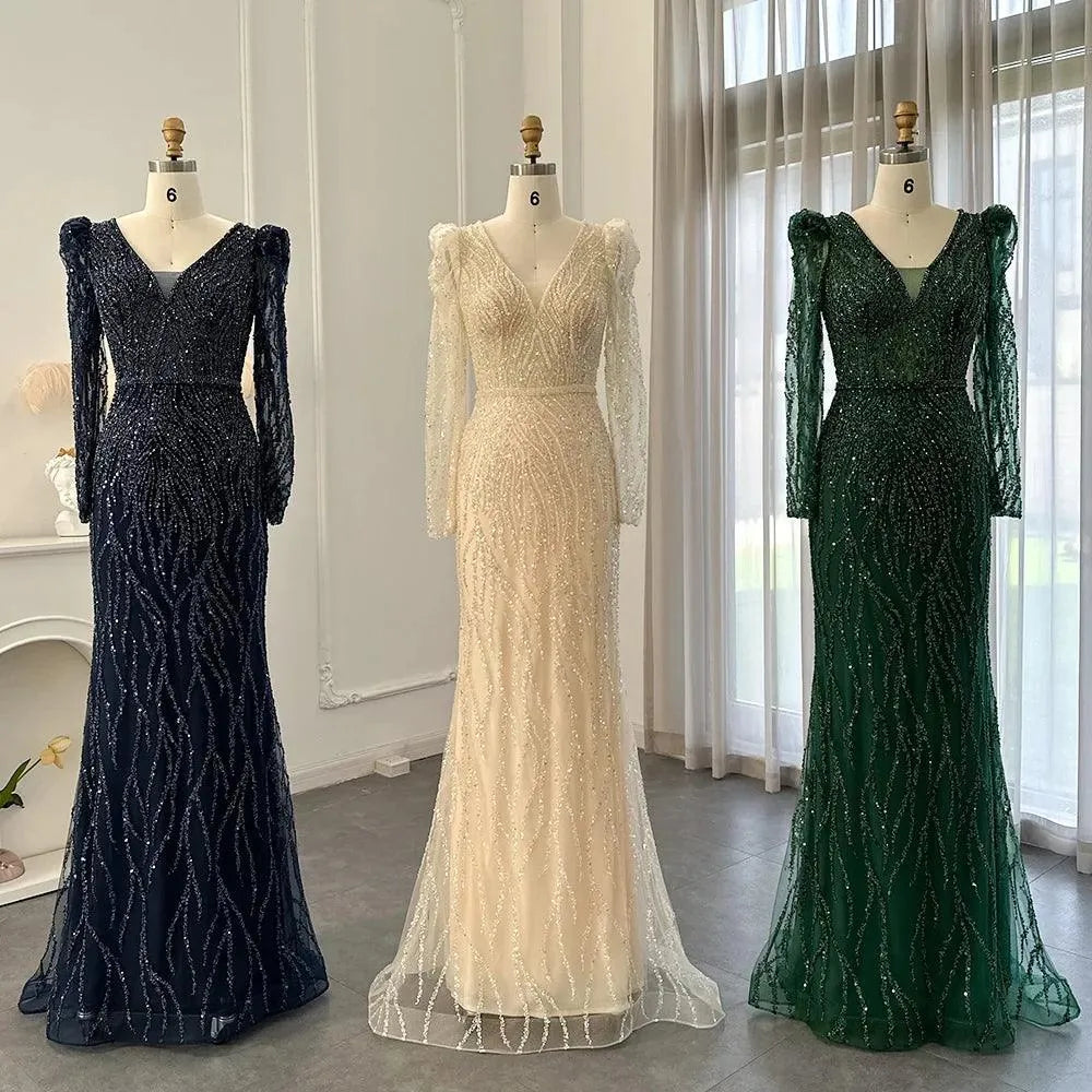 Navy Blue Mermaid Evening Dress for Women Wedding Elegant Emerald Green Long Sleeves Arabic Formal Party Gowns Evening Dress