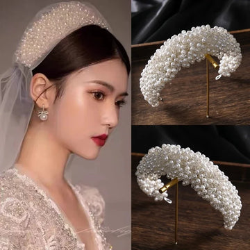 Luxury White Full Pearl Crystal Headband Tiara Hairband Handmade Bridal Wedding Hair Accessories Vine Headband For Bride Women