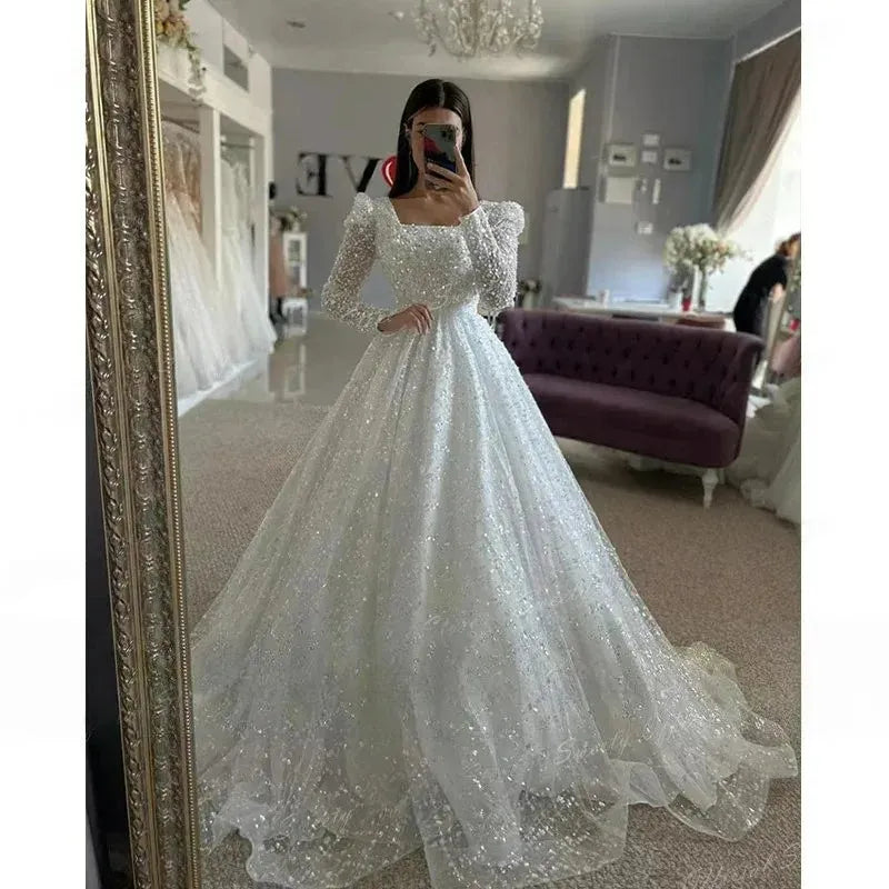 Luxurious Wedding Gowns With Beading Princess A-line Ball Gown Square Collar Full Sleeve Bride Dress Prom Dresses Robe De Marie wedding dress 50cm