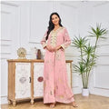 Long Dress For Prom V-neck Beaded Spring Muslim Gold Stamped Fashion Robe With Belt Pink Dress Dubai Arab Women Clothing Pink