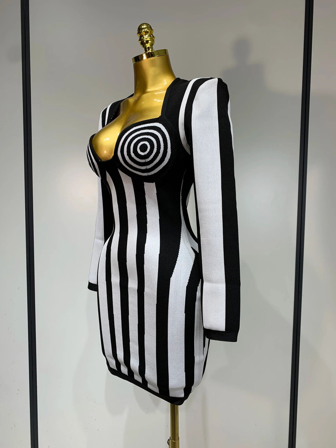 WomenLuxury Sexy Long Sleeve Stripe Black White Mini Bandage Dress  Knitted Celebrity Elegant Evening Club Birthday Dresses