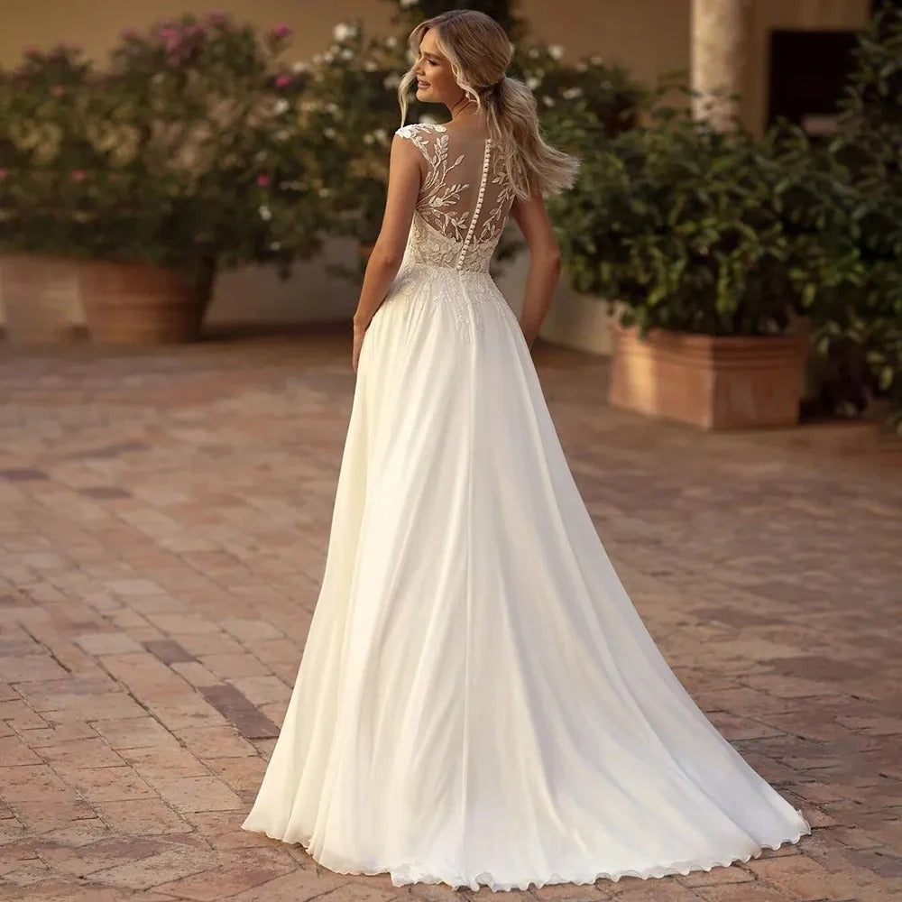 Elegant Boho Lace Wedding Dress 2024 Chiffon O-Neck Illusion Back Beach Side Split Applique Bridal Party Gown Vestidos De Novia