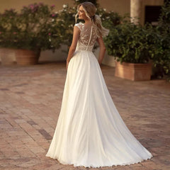 Élégant robe de mariée en dentelle boho 2024 mousseline de mousseline o-cou illusion arrière plage côté éclatement applique de fête nuptiale vestide de novia de novia