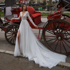 Affascinanti abiti da sposa con scollo a V-line da sposa appliques in pizzo da sposa abito da sposa diviso slitto senza schienale vestido de nolia