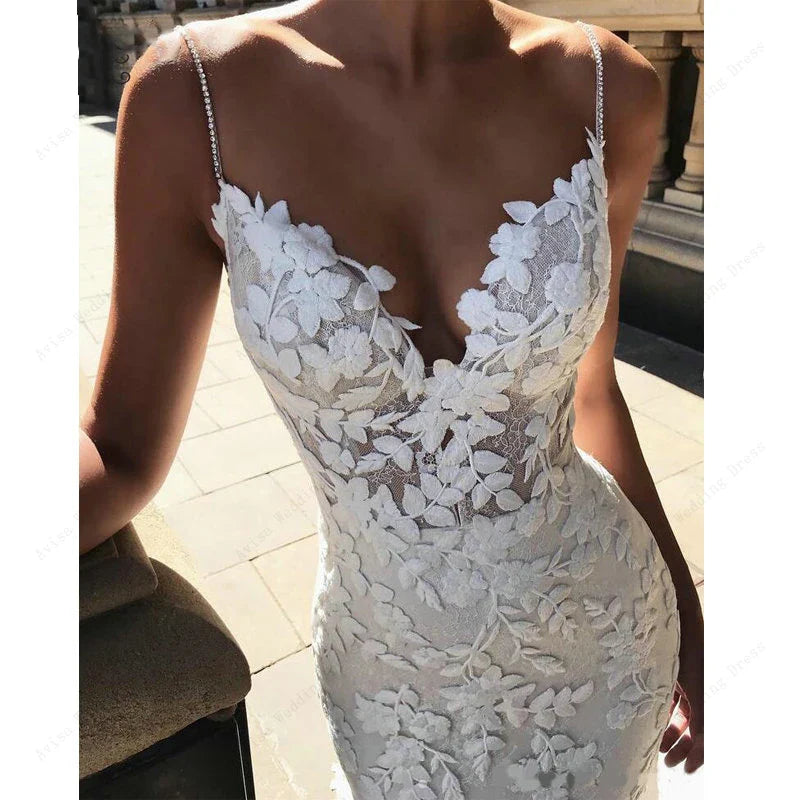 Boho Lace Appliques Wedding Dress Mermaid Bridal Dresses Spaghetti Straps Backless Beach Bridal Gowns Vestido De Noiva