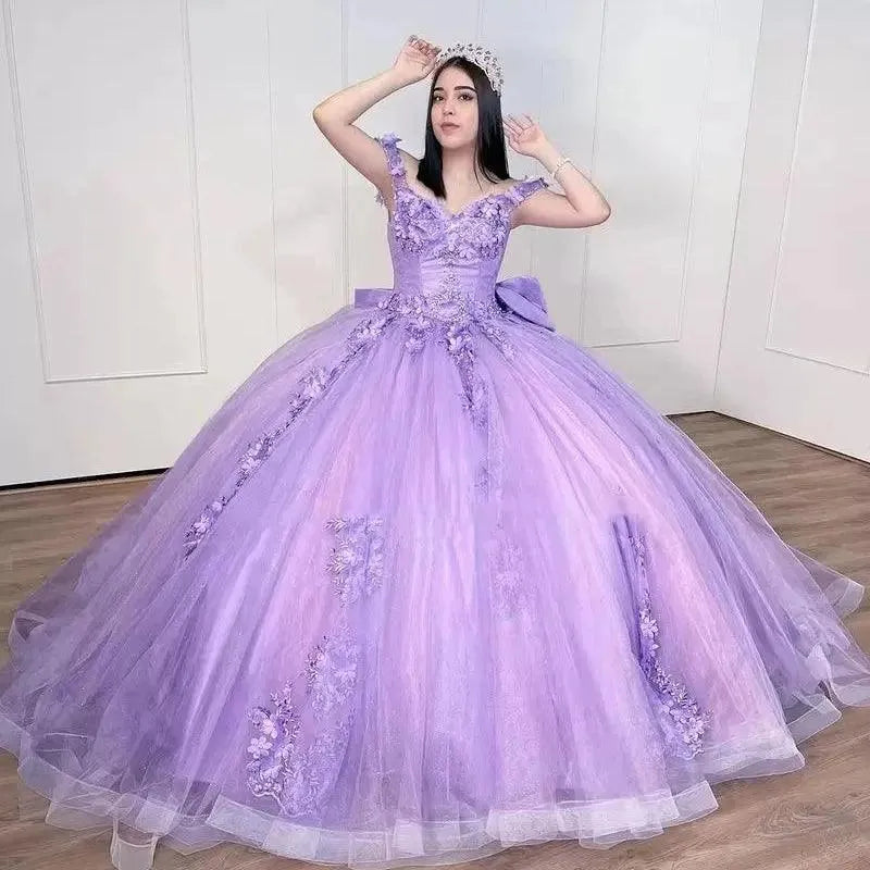 Quince Dress | Lilac Ball Gown Quinceanera Dresses Big Bow 3D Flower Appliques Cinderella 16 Princess Gowns Vestidos De 15 Anos